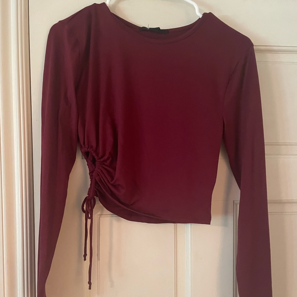 Long Sleeve Forever21 Crimson Crop Too with Cut Out and Tie Side